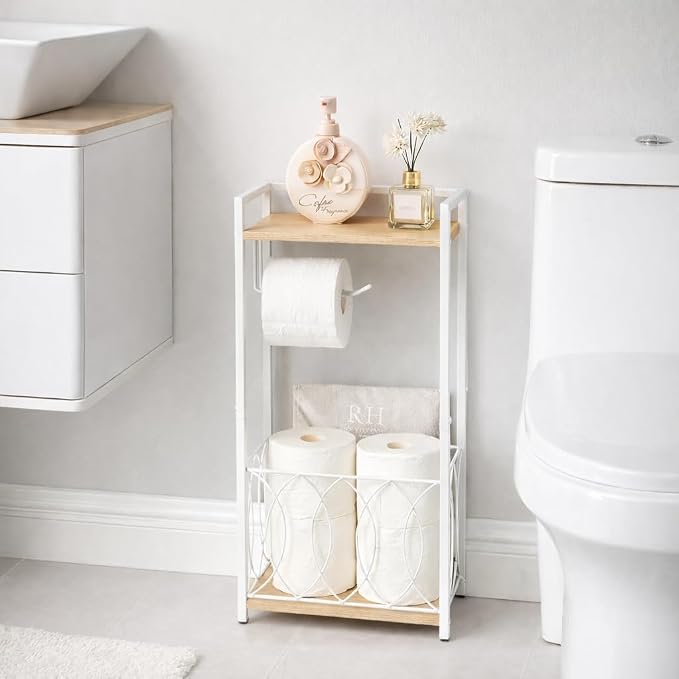 SunnyPoint Classic Space Saving Freestanding Toilet Paper Holder with Storage Shelf – Bathroom Space Saver for Phone, Tablet, and Magazines – All Purpose Bathroom Organizer Space Saver (White)