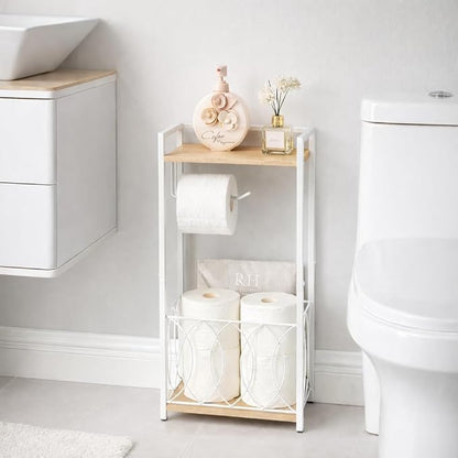 SunnyPoint Classic Space Saving Freestanding Toilet Paper Holder with Storage Shelf – Bathroom Space Saver for Phone, Tablet, and Magazines – All Purpose Bathroom Organizer Space Saver (White)