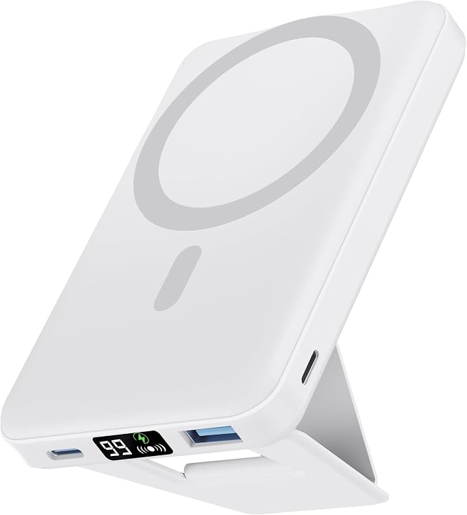 podoru for Magsafe Power Bank, Foldable 10000mAh Wireless Battery Pack with USB-C Cable & LED Display 22.5W PD Fast Charging Magnetic Portable Charger for iPhone 17/16/15/14/13/12 Series-White