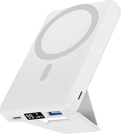 podoru for Magsafe Power Bank, Foldable 10000mAh Wireless Battery Pack with USB-C Cable & LED Display 22.5W PD Fast Charging Magnetic Portable Charger for iPhone 17/16/15/14/13/12 Series-White