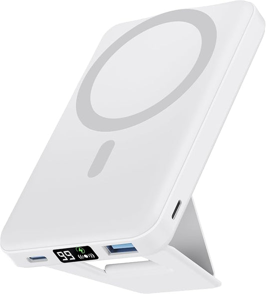 podoru for Magsafe Power Bank, Foldable 10000mAh Wireless Battery Pack with USB-C Cable & LED Display 22.5W PD Fast Charging Magnetic Portable Charger for iPhone 17/16/15/14/13/12 Series-White
