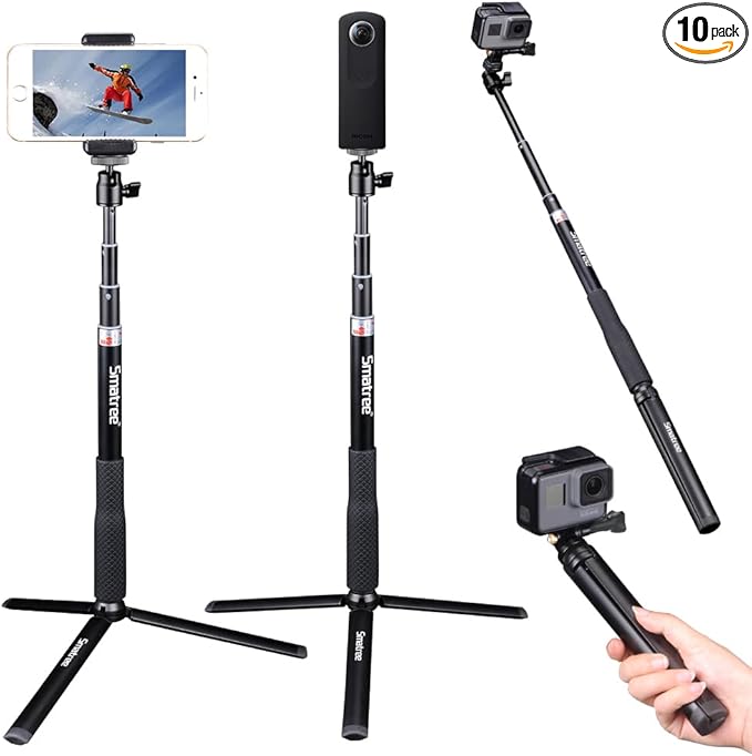 Smatree Telescoping Selfie Stick with Tripod Compatible for Insta360 X5, for GoPro Hero 13/12/11/10/9/8/7/6/5, for OSMO 5 Pro/4/3/Ricoh Theta, Compact Camera and Phone