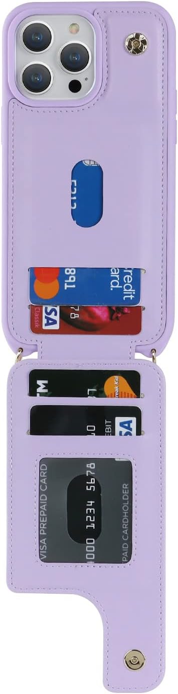 Lipvina for iPhone 14 Pro Max Case with Card Holder for Women,Phone Case with Strap,Crossbody Lanyard,RFID Blocking,Ring Stand,Snap Clasp,Cute Wallet Cases 6.7"(Purple)