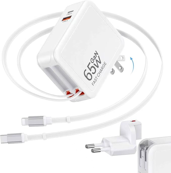 65W Universal Travel Adapter, 4-in-1 International Plug Adapter with Retractable CablesUSB PD Fast Charging with Detachable EU Adapter,Worldwide Wall Charger for USA/EU/UK/AUS and Over 150 Countries