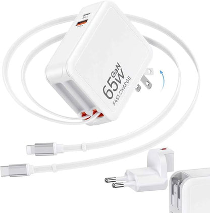 65W Universal Travel Adapter, 4-in-1 International Plug Adapter with Retractable CablesUSB PD Fast Charging with Detachable EU Adapter,Worldwide Wall Charger for USA/EU/UK/AUS and Over 150 Countries