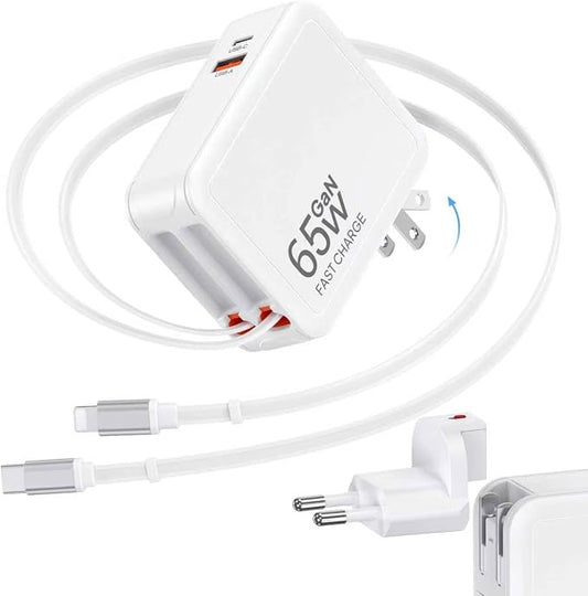65W Universal Travel Adapter, 4-in-1 International Plug Adapter with Retractable CablesUSB PD Fast Charging with Detachable EU Adapter,Worldwide Wall Charger for USA/EU/UK/AUS and Over 150 Countries