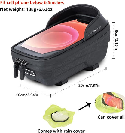 Waterproof Bike Frame Bag - MTB/Road Bike Top Tube Phone Holder for Phones Under 6.5", Universal Bicycle Phone Pouch with Rain Cover & Shockproof Design, Commuter Cycling Accessories