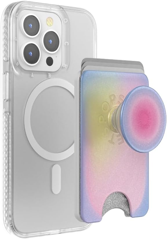 PopSockets Phone Wallet with Expanding Grip and Adapter Ring for MagSafe®, Phone Card Holder, Wireless Charging Compatible, Wallet Compatible with MagSafe - Aura