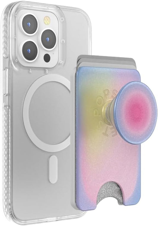 PopSockets Phone Wallet with Expanding Grip and Adapter Ring for MagSafe®, Phone Card Holder, Wireless Charging Compatible, Wallet Compatible with MagSafe - Aura