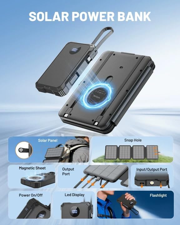 10000mAh Detachable Solar Power Bank, 14W Foldable Solar Charger, 5-Port Fast Charging Portable Battery Pack, Compact & Lightweight for Hiking, Cycling, and Everyday Emergency Power