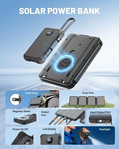 10000mAh Detachable Solar Power Bank, 14W Foldable Solar Charger, 5-Port Fast Charging Portable Battery Pack, Compact & Lightweight for Hiking, Cycling, and Everyday Emergency Power