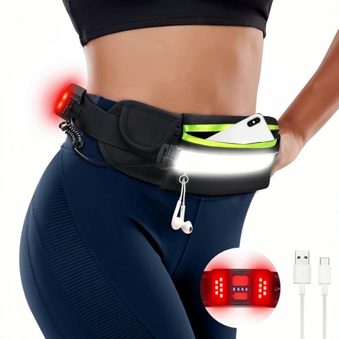 Hopedone Running Light, 230°Wide-Angle 1000Lumens Night Waliking Light on Running Waist Belt Rechargeable Runners Safety Lights with Adjustable Large Pocket Fanny Packet for Runners Jogging (Black)