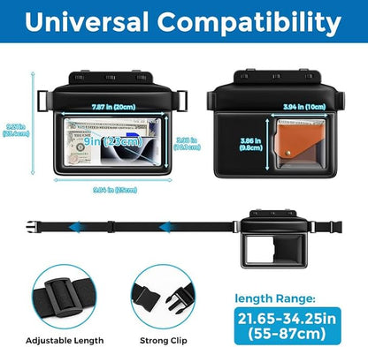 JOTO Large Floating Waterproof Phone Pouch with Adjustable Waist Strap, Water Proof Fanny Pack Dry Bag Wallet for Cellphone Passport Watch and Valuables, Beach Essential for Swimming Snorkeling -Black