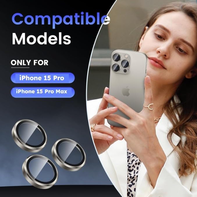for iPhone 15 Pro/iPhone 15 Pro Max Camera Lens Protector Anti-Scratch Lens Cover, 9H+ Tempered Glass Camera Screen Cover Protector, HD View w/Night Shoot, Shatterproof, Natural Titanium