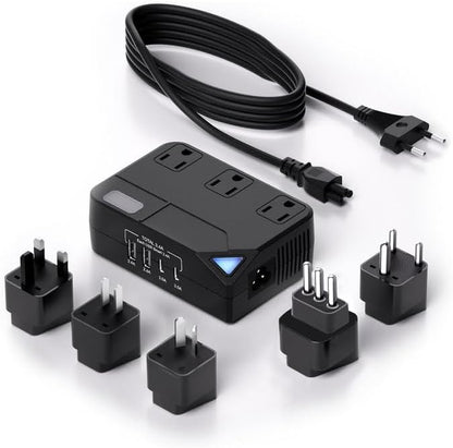Universal 100V-220V Travel Converter，250W Voltage Converter with 2 USB and 2 USB-C Charging Ports and 3 AC Plugs for curlers, straighteners, Included Plugs are Type A, C, D, G, I, L
