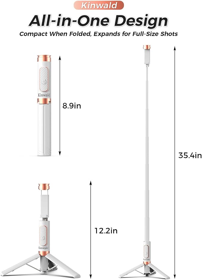 Selfie Stick Tripod for iPhone & Android – Portable Phone Tripod Stand with Bluetooth Remote, One-Click Open, Compact & Lightweight for Vlogging, Travel & Everyday Use(White)