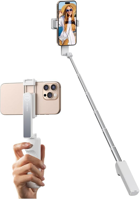 yAyusi New Ultra Mini Selfie Stick for iPhone, Extendable Aluminum Portable Selfie Stick with Remote, Compact Phone Selfie Sticks Compatible with 4-7" Phones for Vlog/Video Record/Live Stream (White)