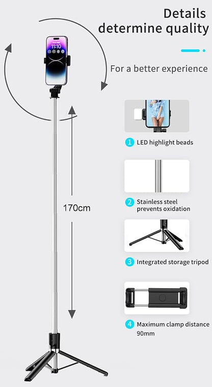 Tianle Selfie Stick, 67 Inch Phone Tripod Extendable Cell Phone Tripod Stand with Wireless Remote and Phone Holder Compatible with iPhone Android Phone for Selfie, Video Recording, Photo