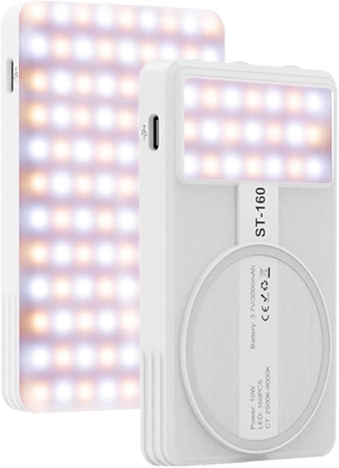 Magnetic Phone Light - 3 Color Temperature, 160 LED Selfie Light with Clip for Phone, Camera, Laptop, iPad, 3000mAh Portable Video Light for Tattoo/TikTok/Vlog/Zoom Calls/Makeup (White)
