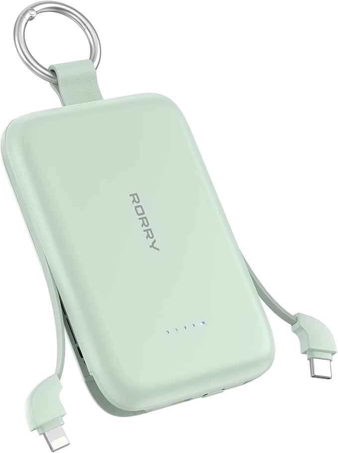 RORRY Portable Charger, 10000mAh PD 30W Fast Charging Portable Charger Power Bank with Built-in Cables, Travel Keychain Charger Battery Pack for iPhone 17/16/15/14/13/12, for AirPods 2/3/4/Pro, Green