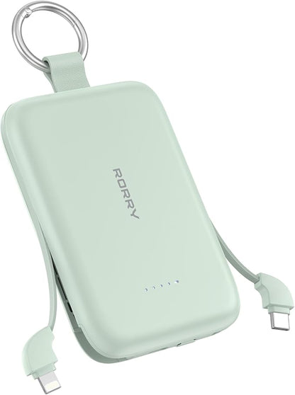 RORRY Portable Charger, 10000mAh PD 30W Fast Charging Portable Charger Power Bank with Built-in Cables, Travel Keychain Charger Battery Pack for iPhone 17/16/15/14/13/12, for AirPods 2/3/4/Pro, Green