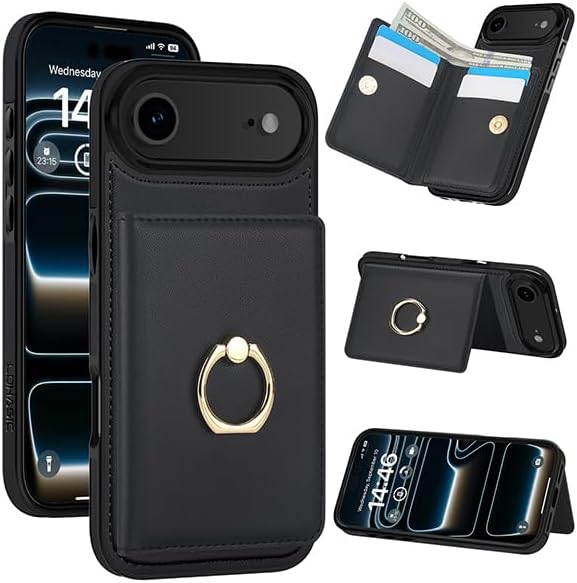 LOHASIC for iPhone 17 Air Case Wallet with Card Holder, 360° Rotation Ring, RFID Blocking, 5 Card Slots, PU Leather 6.5" Cover for Apple 17 Air Men Women, Black