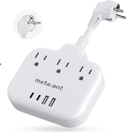European Travel Plug Adapter 3 inch, International Plug Adapter, US to Europe Plug Adapter with 3 Outlets 4 USB Ports(2 USB C), Type E F Power Adapter to EU Germany Spain France Portugal Iceland