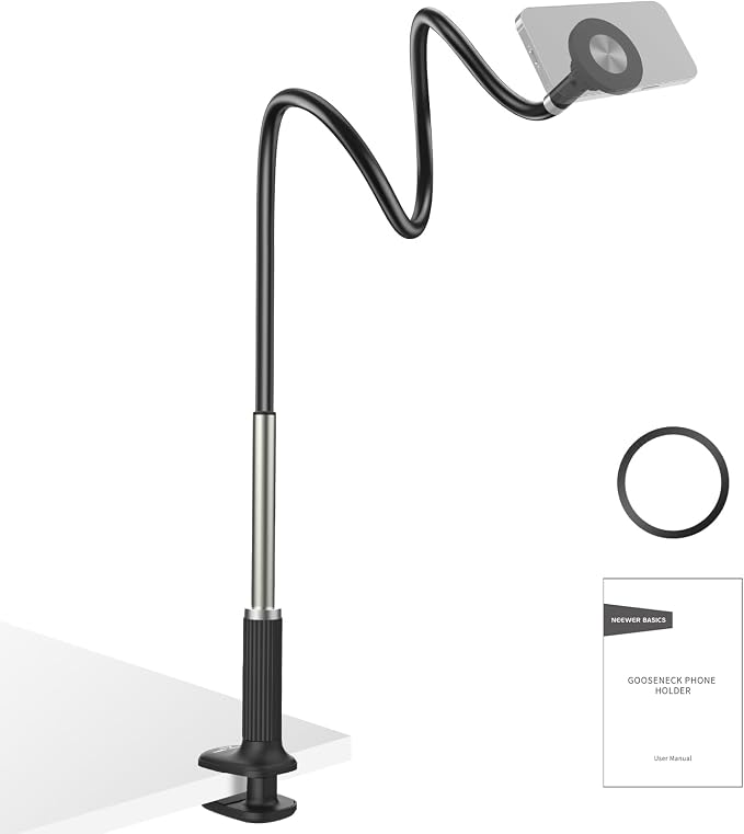 NEEWER Basics Magnetic Phone Stand for Desk, 360° Overhead Table Cellphone Holder Clamp Mount with Flexible Arm, Compatible with MagSafe iPhone Android Samsung for Bed Video Recording, PA151 Black