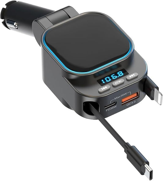 Retractable 96W Car Charger with Bluetooth 5.3 FM Transmitter for High Sound Quality, Easy Setup, 4-in-1 Fast Charging, Handsfree Calling, USB-C Adapter for iPhone 11-17