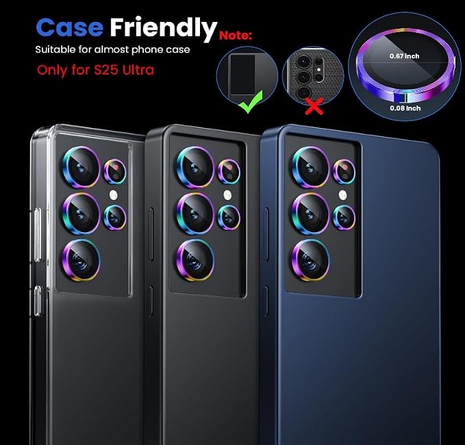 WSKEN for Samsung Galaxy S25 Ultra Camera Lens Protector - Ultra Thin Case Friendly, 9H Shatterproof Tempered Glass with Aluminum Metal Circle Camera Screen Protector Cover Accessories, Colorful