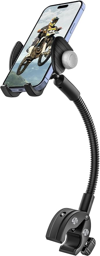 Gooseneck Phone Holder for Wheelchair, Stroller, Golf Cart, Boat, Mic Stand, Indoor Cycling Bike, Gym Bicycle Handlebar Clamp for iPhone Air 17 Pro Max 16 15 14 13 12 Plus, S25, 4.7 to 7" Smartphones