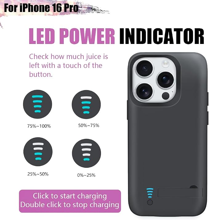 Battery Case for iPhone 16 Pro, 5000mAh Rechargeable Extended Battery Charging/Charger Case, Add 100% Extra Juice (6.3 inch) Black