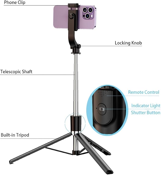 Tianle Selfie Stick, 51 Inch Phone Tripod Extendable Cell Phone Tripod Stand with Wireless Remote and Phone Holder Compatible with iPhone Android Phone for Selfie, Video Recording, Photo