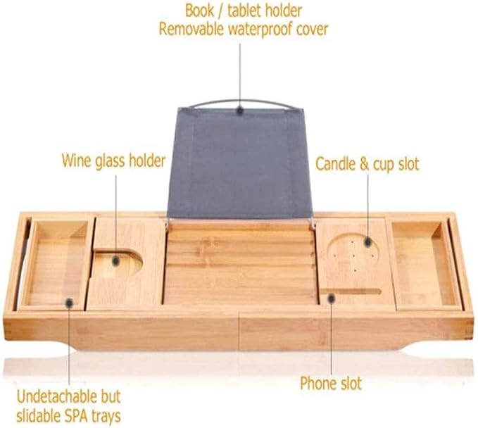 Bath Caddy Bath Rack Adjustable Bamboo Bath Tray with Phone Holder and Wine Glass Holder for Most Bathtubs