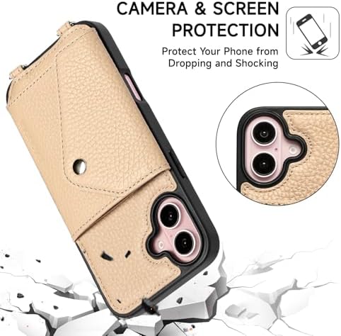 LUCKYCOIN for iPhone 16 Plus Crossbody Wallet Case – Genuine Leather Phone Purse with Adjustable Strap and Card Holder,Lanyard Phone Purse Case for Women,Pebble Grain Beige
