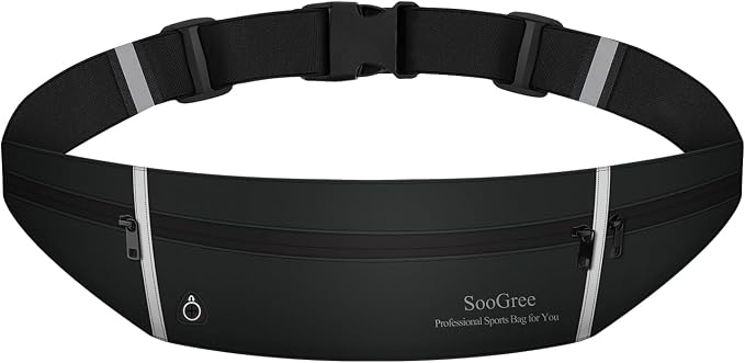 SooGree Slim Running Belt Sport Fanny Pack, Reflective Waist Pack, Waterproof Phone Holder, Jogging Pouch for Phone Money, Black