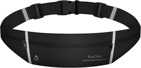 SooGree Slim Running Belt Sport Fanny Pack, Reflective Waist Pack, Waterproof Phone Holder, Jogging Pouch for Phone Money, Black
