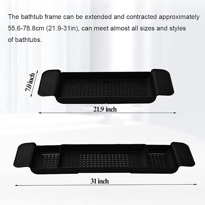 Bathtub Caddy Tray, Expandable Bath Shelf, Adjustable Size from 21.9 to 31 inches Plastic Bathtub Storage Rack, Bathtub Accessories & Bathroom Gadgets, Bath Tub Tray for Kitchen Bathroom (Black)