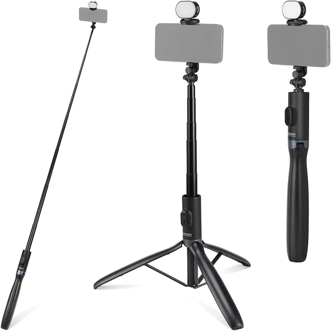 NEEWER Entry Level Version Selfie Stick Tripod with Light & Remote Compatible with iPhone Samsung Android, 67" Extendable Portable Travel Cell Phone Holder Stand for Video Recording Filming, PA987