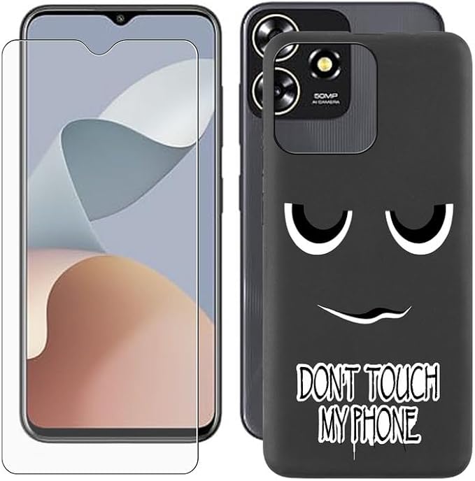 Cover for ZTE Blade A73 (6.52 inch) Case + Screen Protector，Tempered Glass 9H Hardness Protective Film and Soft Silicone Bumper Shell Black TPU Phone case -Eyes