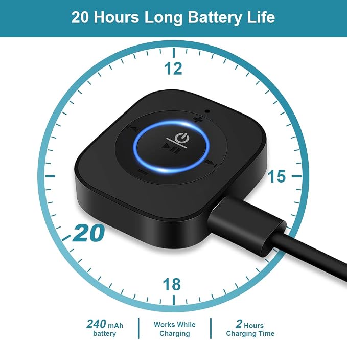 Golvery Bluetooth Receiver for Old Speaker with Latest Bluetooth V5.4, 20-Hour Battery Life, Handsfree Calls, Dual Connection to 2 Cell Phones, Built-in Microphone, for Wired Headphones, Home Stereo