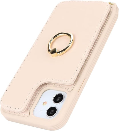 Lipvina for iPhone 12/12 Pro Case with Card Holder for Women,Crossbody Strap Lanyard,Credit Card Holder,Ring Stand,Snap Clasp,Wallet Case 6.1 inch (Beige)