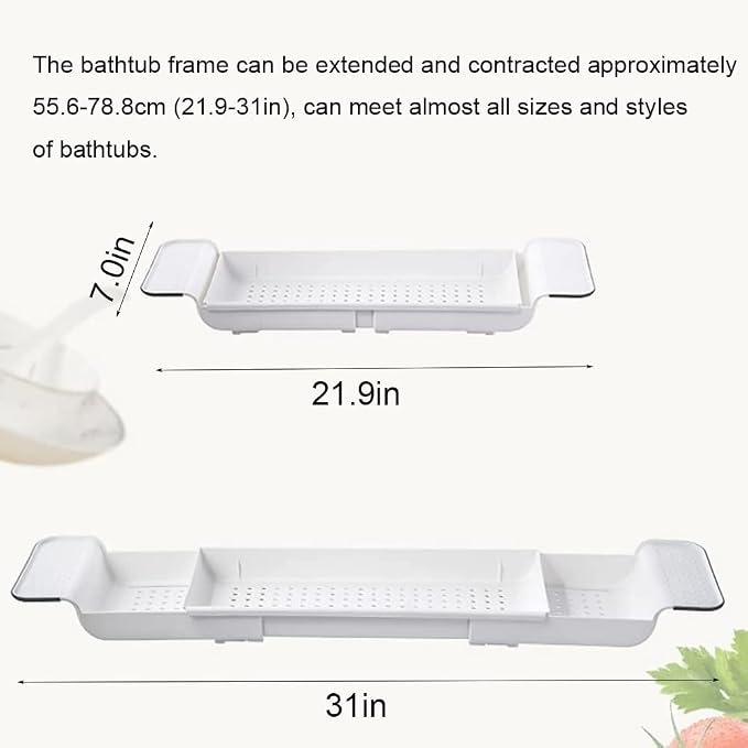 Bathtub Caddy Tray, Expandable Bath Shelf, Adjustable Size from 21.9 to 31 inches Plastic Bathtub Storage Rack, Bathtub Accessories & Bathroom Gadgets, Bath Tub Tray for Kitchen Bathroom (White)