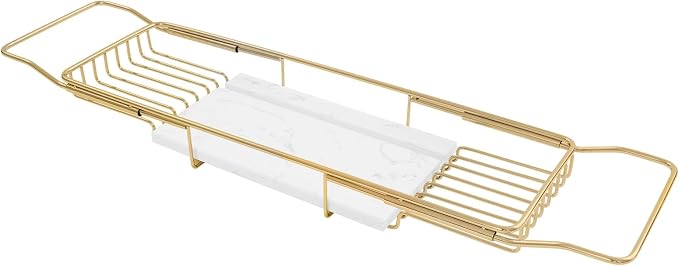 Expandable Bathtub Tray Caddy for Luxury Bath, Extra Wide Acrylic Tub Tray with Natural Marble Board, Waterproof Bath Tub Shelf for Phone, Wine, Book, Tablet Stand - Ideal Home Spa (Gold, White)