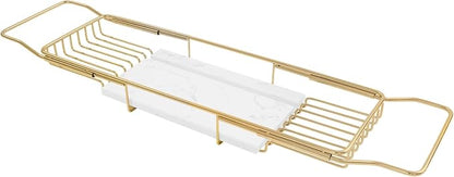 Expandable Bathtub Tray Caddy for Luxury Bath, Extra Wide Acrylic Tub Tray with Natural Marble Board, Waterproof Bath Tub Shelf for Phone, Wine, Book, Tablet Stand - Ideal Home Spa (Gold, White)