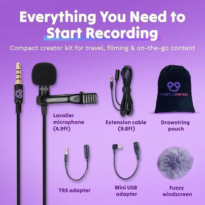 Purple Panda Wired Lavalier Microphone Omnidirectional – Attachable Lapel Mic Compatible with GoPro, DJI, Insta360, Tablet, iPad, DSLR, Camera, Ideal for Social Media Content Creators