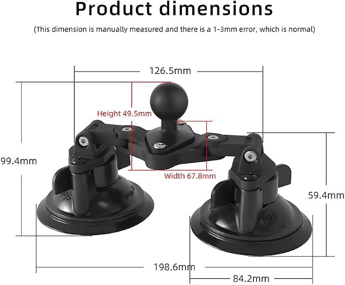 Dual Suction Cup Mount Base with 1-Inch Ball, Compatible with RAM Mounts B Size Double Socket Arms & 25mm Ball Systems