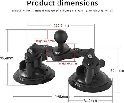 Dual Suction Cup Mount Base with 1-Inch Ball, Compatible with RAM Mounts B Size Double Socket Arms & 25mm Ball Systems