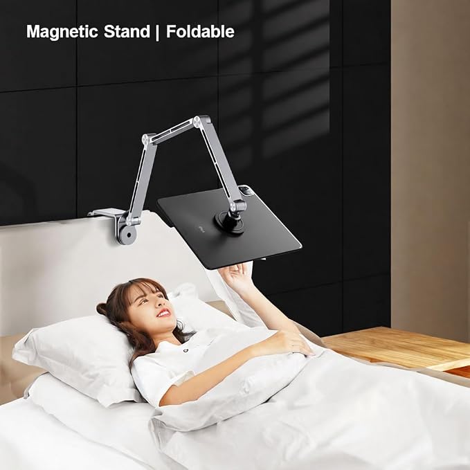 Magnetic Heavy Duty Metal Phone/Tablet Holder for Bed Adjustable Foldable Stand for Desk Aluminum Universal Lazy Bracket 360° Rotation Flexible Long Arm (Silver, Magnetic)