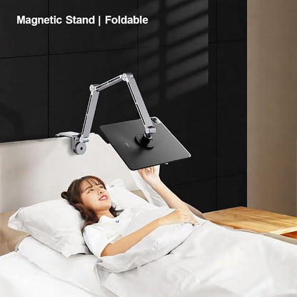Magnetic Heavy Duty Metal Phone/Tablet Holder for Bed Adjustable Foldable Stand for Desk Aluminum Universal Lazy Bracket 360° Rotation Flexible Long Arm (Silver, Magnetic)